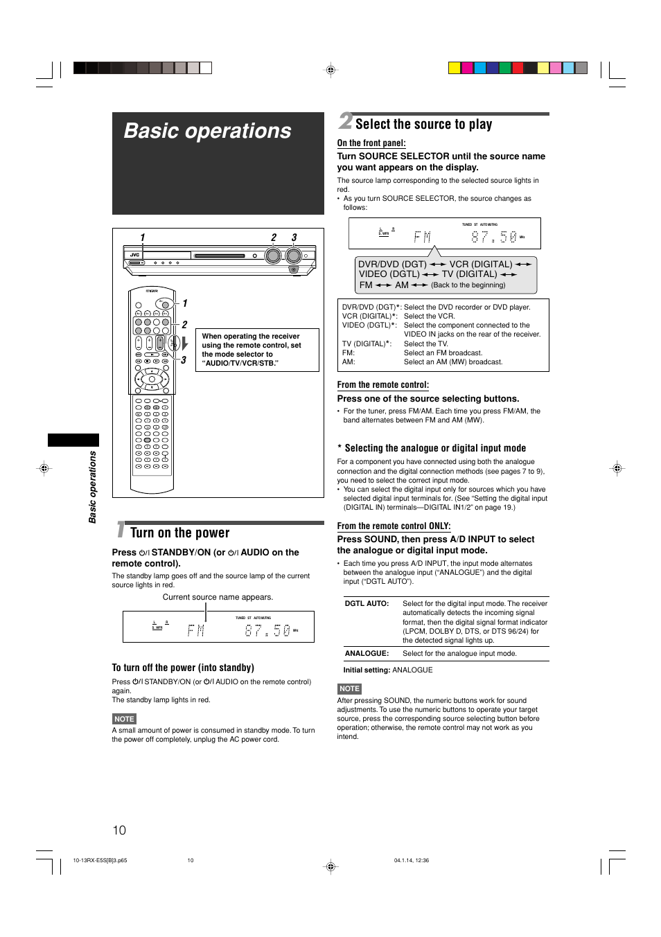 Basic operations, Select the source to play, Turn on the power | Selecting the analogue or digital input mode | JVC RX-E51B User Manual | Page 14 / 45