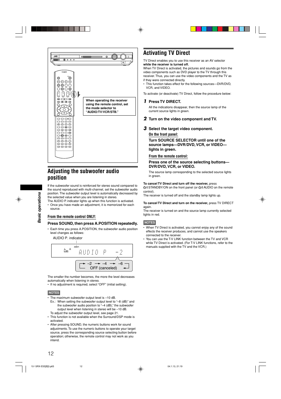 Adjusting the subwoofer audio position, Activating tv direct | JVC RX-E51B User Manual | Page 16 / 45