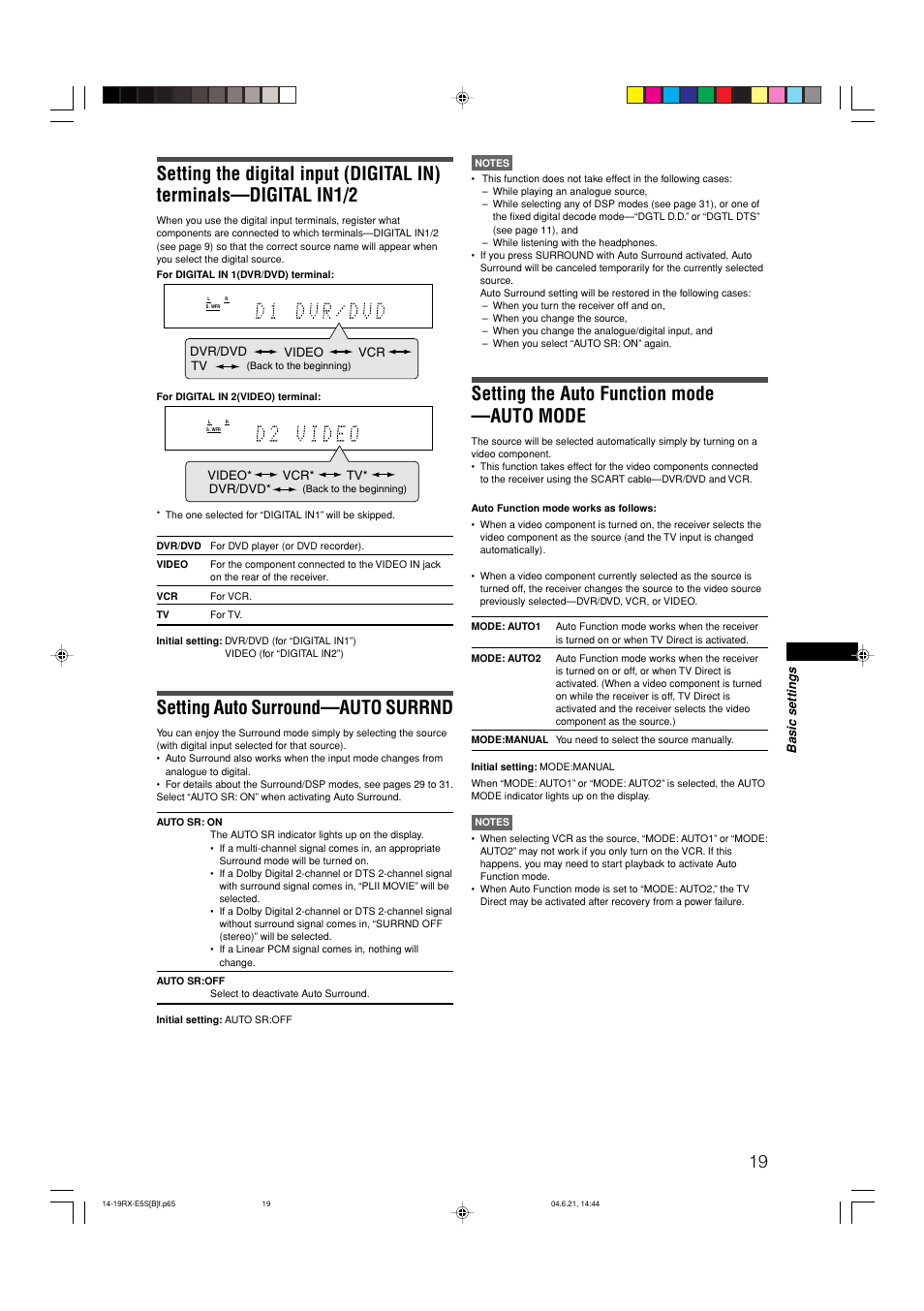Setting auto surround—auto surrnd, Setting the auto function mode —auto mode, Basic settings | Video* vcr* tv, Dvr/dvd, Dvr/dvd video vcr | JVC RX-E51B User Manual | Page 23 / 45