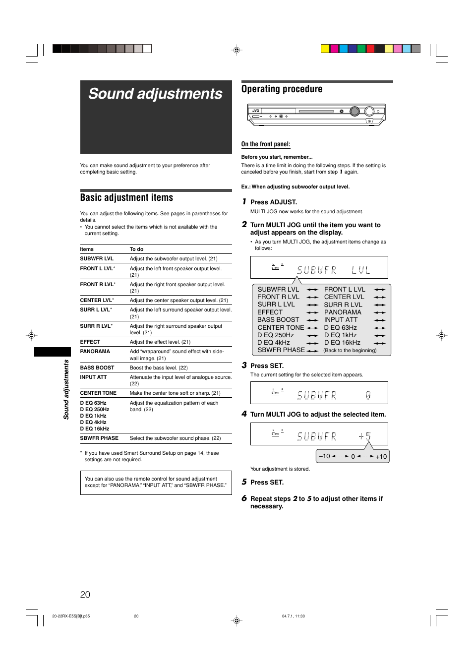 Basic adjustment items, Operating procedure, Sound adjustments | On the front panel, Press adjust, Press set, Turn multi jog to adjust the selected item, Subwfr lvl front l lvl surr l lvl surr r lvl | JVC RX-E51B User Manual | Page 24 / 45