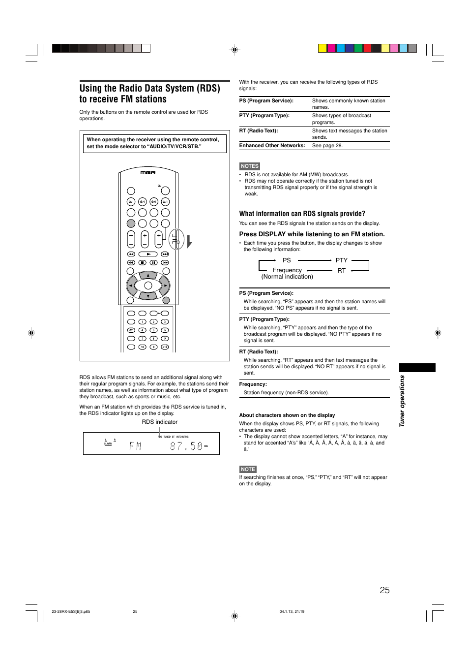 What information can rds signals provide, Tuner operations, Press display while listening to an fm station | JVC RX-E51B User Manual | Page 29 / 45