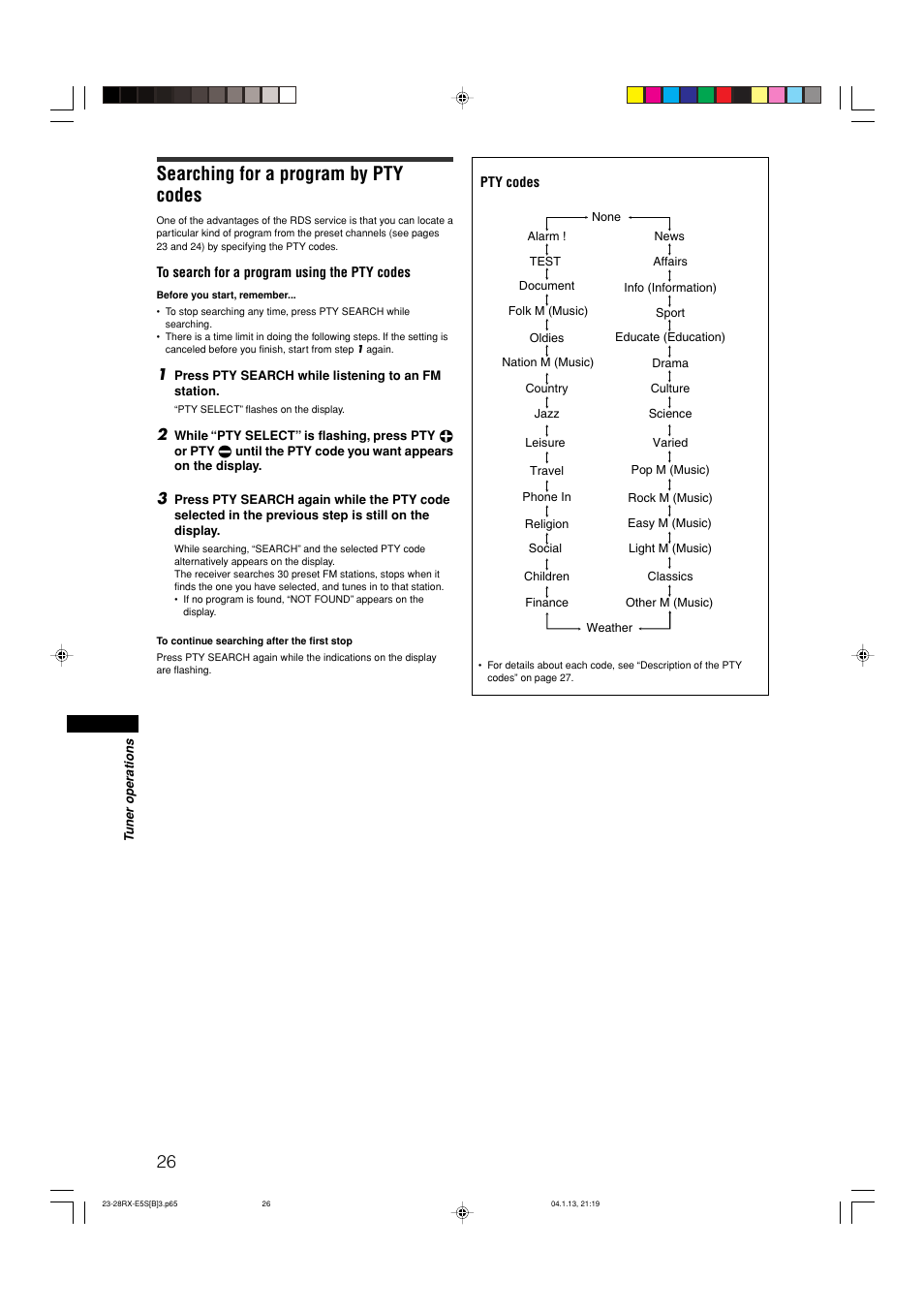 Searching for a program by pty codes | JVC RX-E51B User Manual | Page 30 / 45