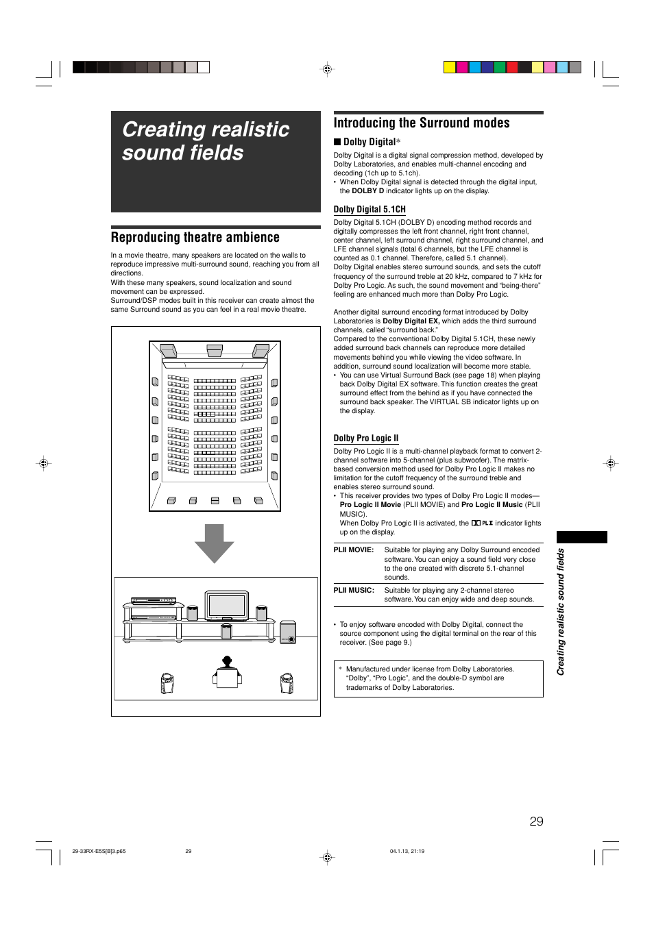 Creating realistic sound fields, Reproducing theatre ambience, Introducing the surround modes | JVC RX-E51B User Manual | Page 33 / 45