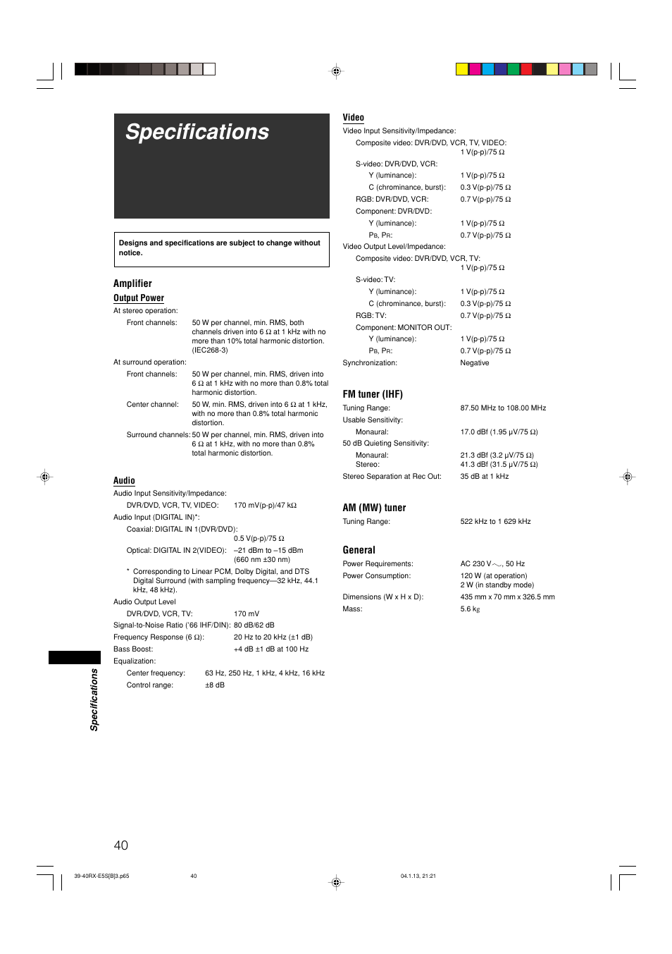 Specifications, Amplifier, Fm tuner (ihf) | Am (mw) tuner, General | JVC RX-E51B User Manual | Page 44 / 45