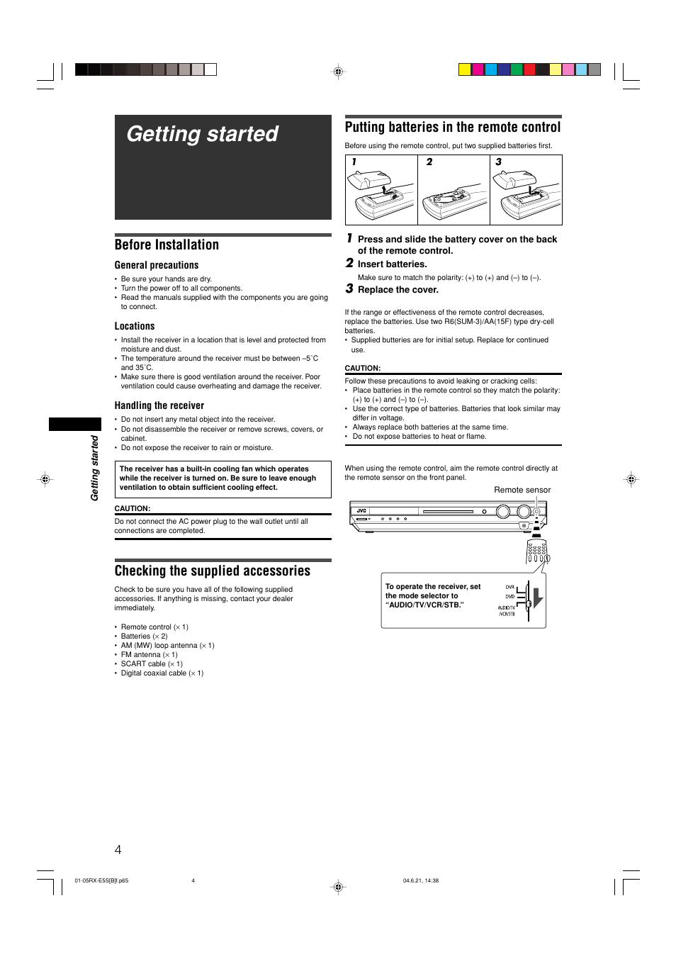 Getting started, Before installation, Checking the supplied accessories | Putting batteries in the remote control | JVC RX-E51B User Manual | Page 8 / 45
