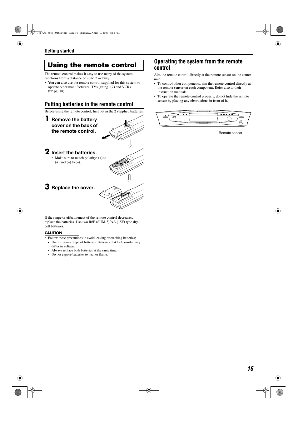 A pg. 16, Using the remote control, Putting batteries in the remote control | Operating the system from the remote control | JVC TH-A55  EN User Manual | Page 19 / 68