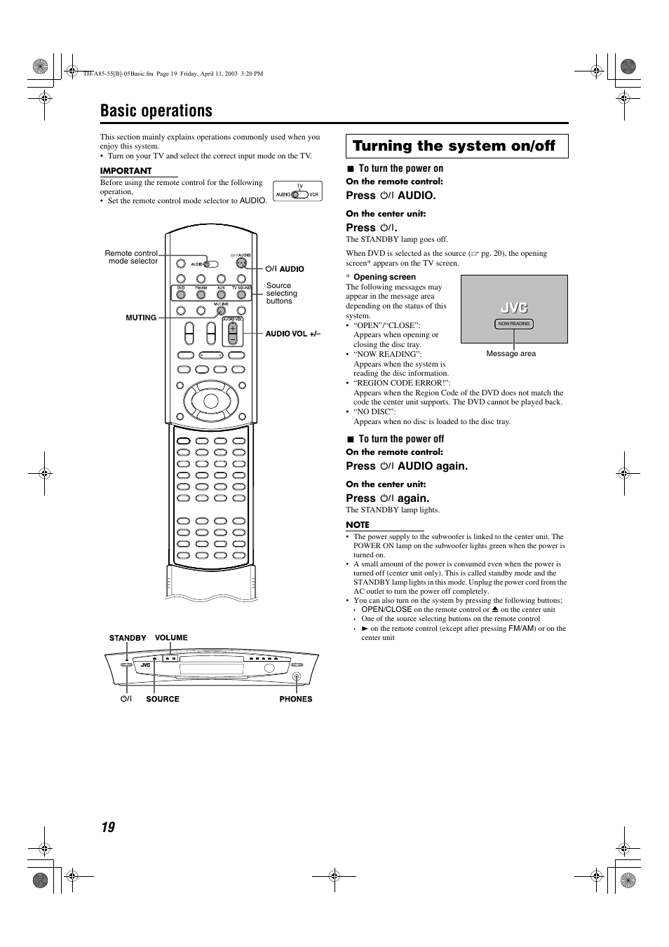 Basic operations, A pg. 19, Turning the system on/off | JVC TH-A55  EN User Manual | Page 22 / 68