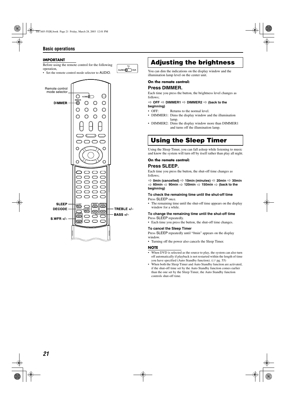 A pg. 21, Adjusting the brightness using the sleep timer, Basic operations | Press dimmer, Press sleep | JVC TH-A55  EN User Manual | Page 24 / 68
