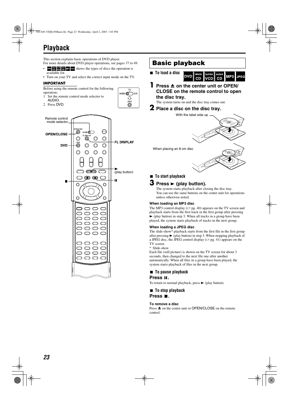 Playback, A pg. 23), A pg. 23 | Basic playback | JVC TH-A55  EN User Manual | Page 26 / 68