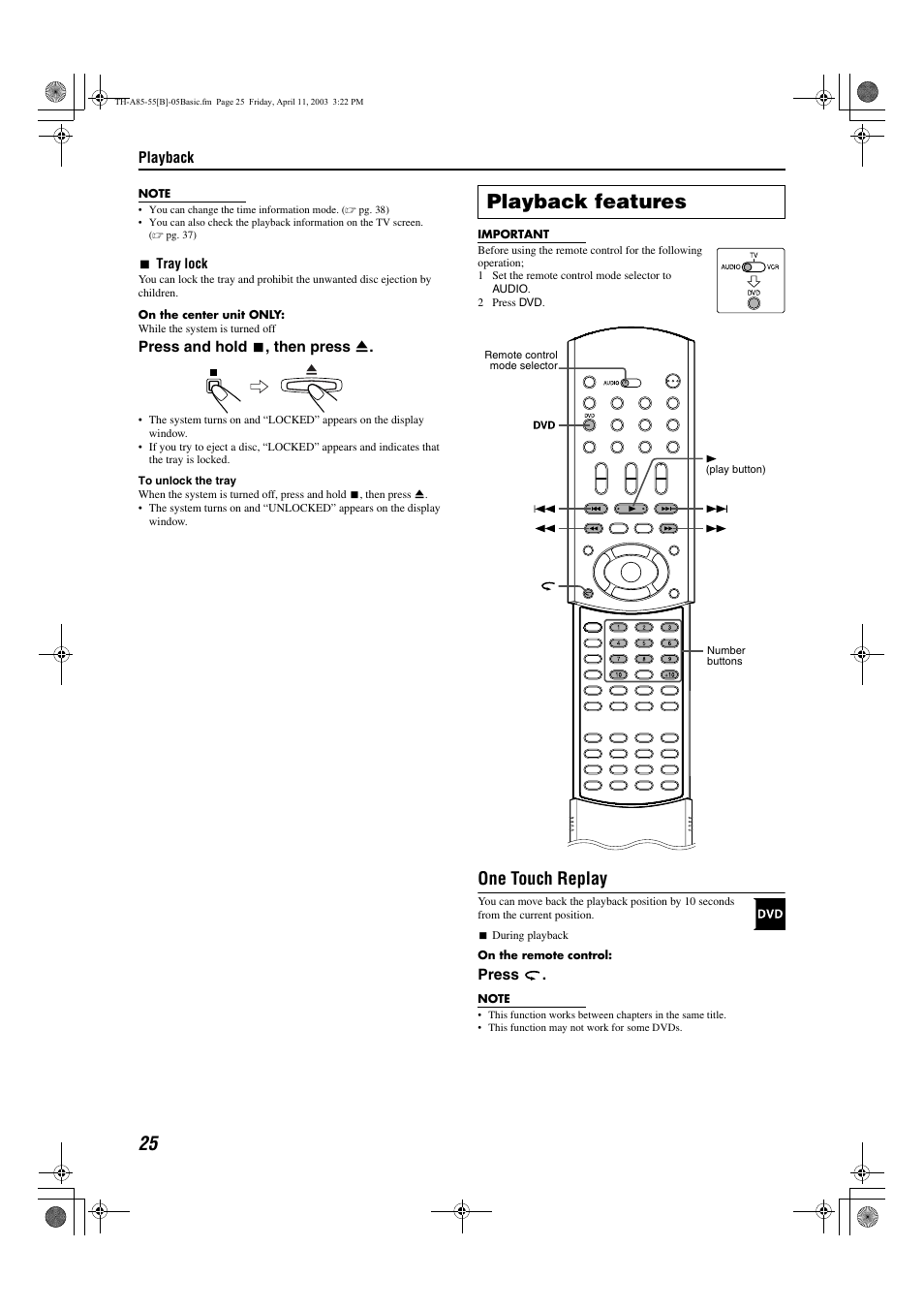 A pg. 25, Playback features, One touch replay | JVC TH-A55  EN User Manual | Page 28 / 68