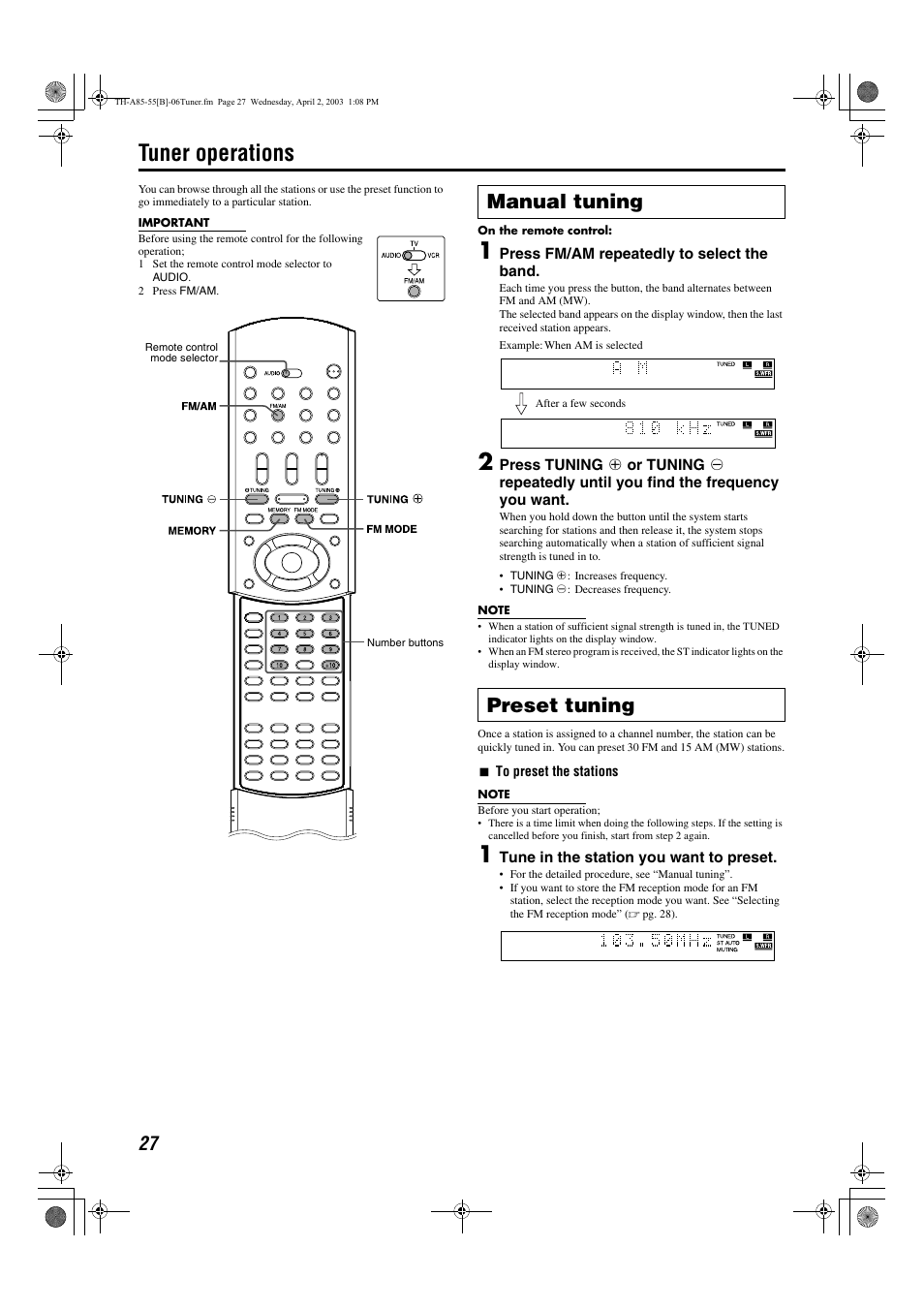 Tuner operations, Stereo indicator (st), A pg. 27 | Ned), Station, A pg. 27), Manual tuning preset tuning | JVC TH-A55  EN User Manual | Page 30 / 68