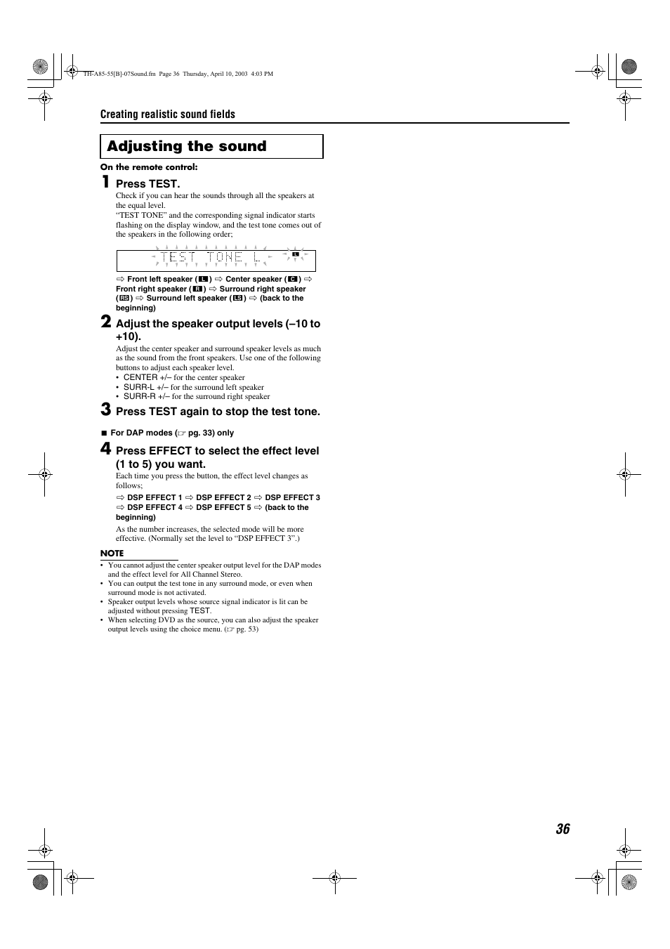 A pg. 36, Adjusting the sound | JVC TH-A55  EN User Manual | Page 39 / 68