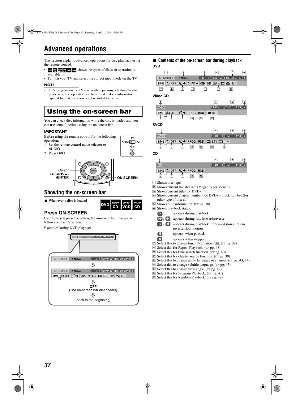 Advanced operations, A pg. 37, A pg. 37) | Using the on-screen bar, Showing the on-screen bar, Press on screen | JVC TH-A55  EN User Manual | Page 40 / 68