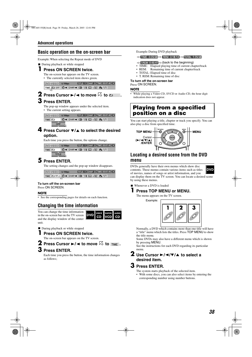 A pg. 38, A pg. 38), Playing from a specified position on a disc | Basic operation on the on-screen bar, Changing the time information, Locating a desired scene from the dvd menu | JVC TH-A55  EN User Manual | Page 41 / 68