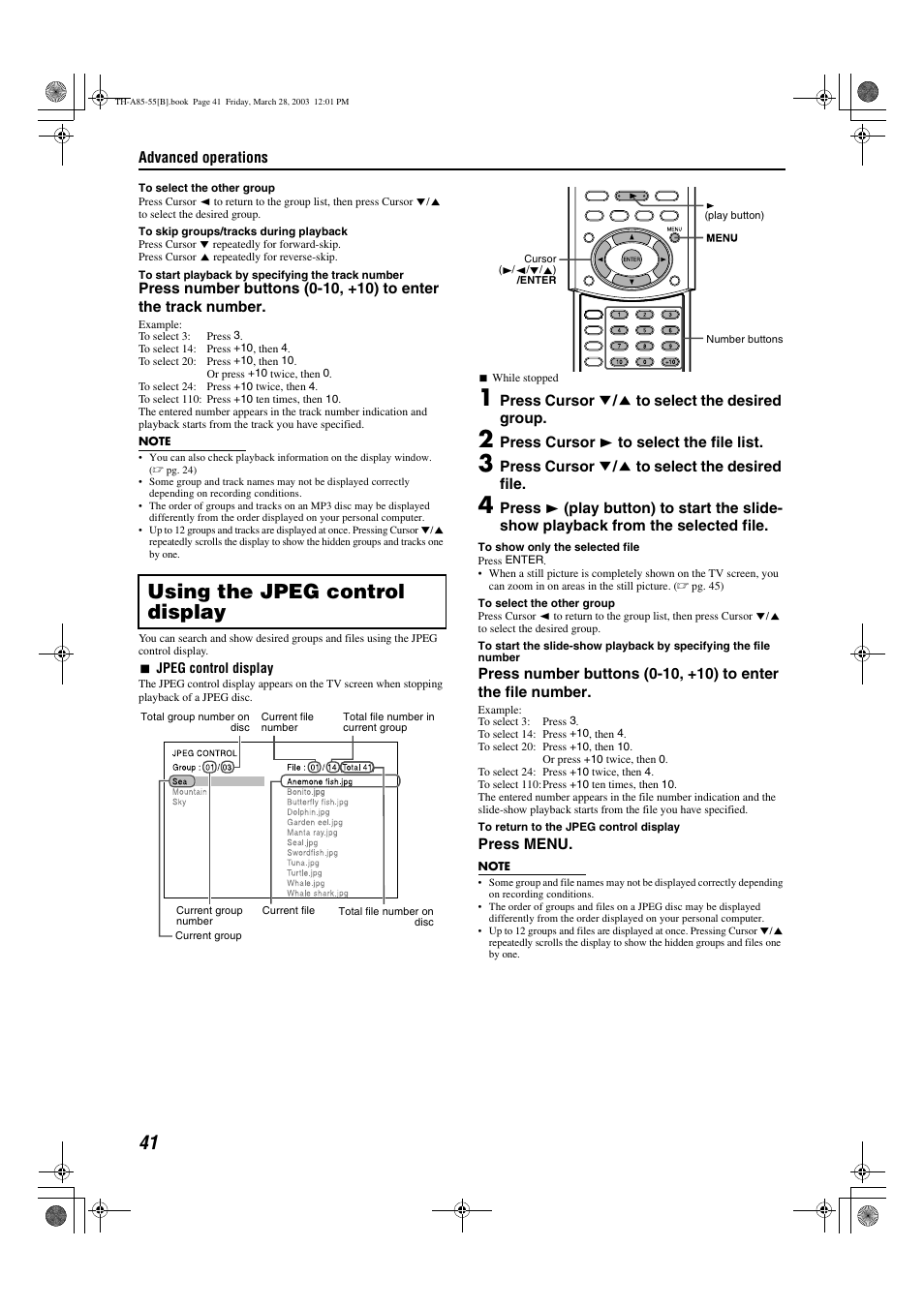 Jpeg control display, A pg. 41) appear, Using the jpeg control display | JVC TH-A55  EN User Manual | Page 44 / 68