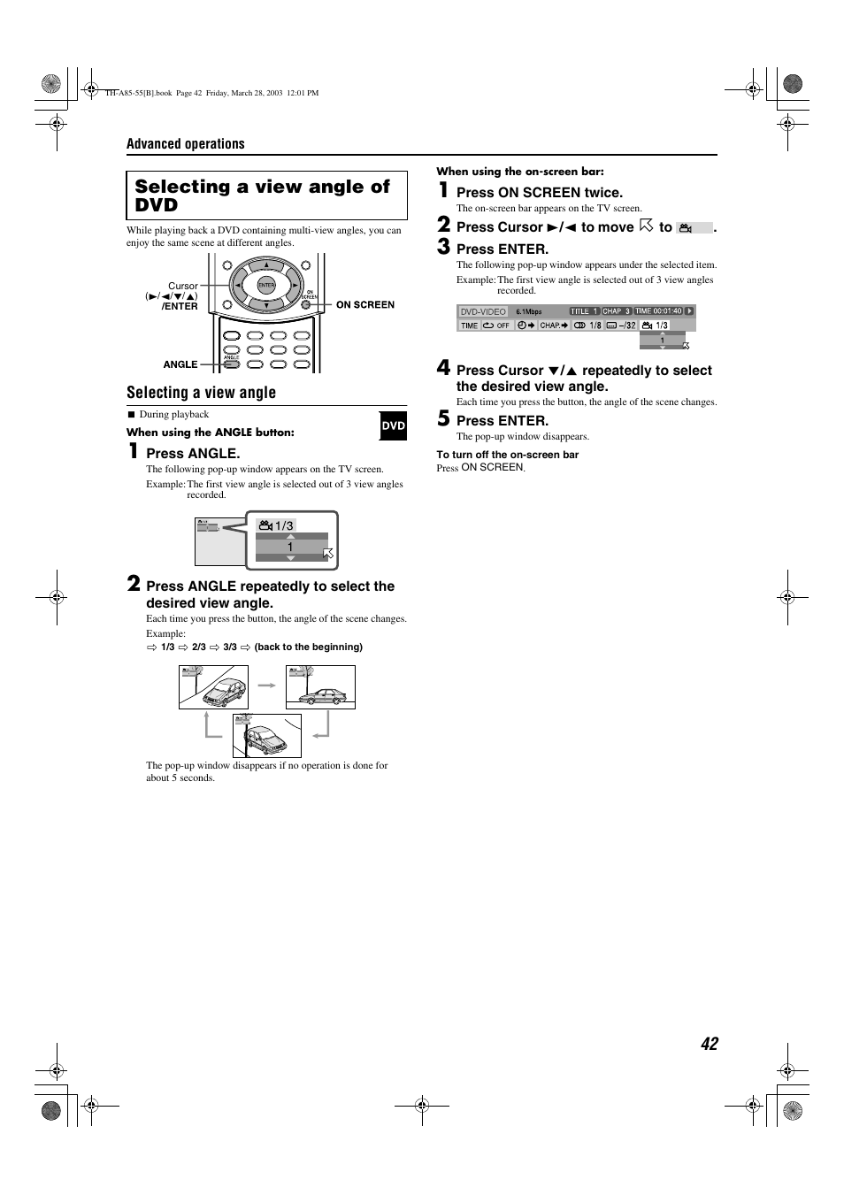 A pg. 42, Angle, A pg. 42) | Selecting a view angle of dvd, Selecting a view angle | JVC TH-A55  EN User Manual | Page 45 / 68