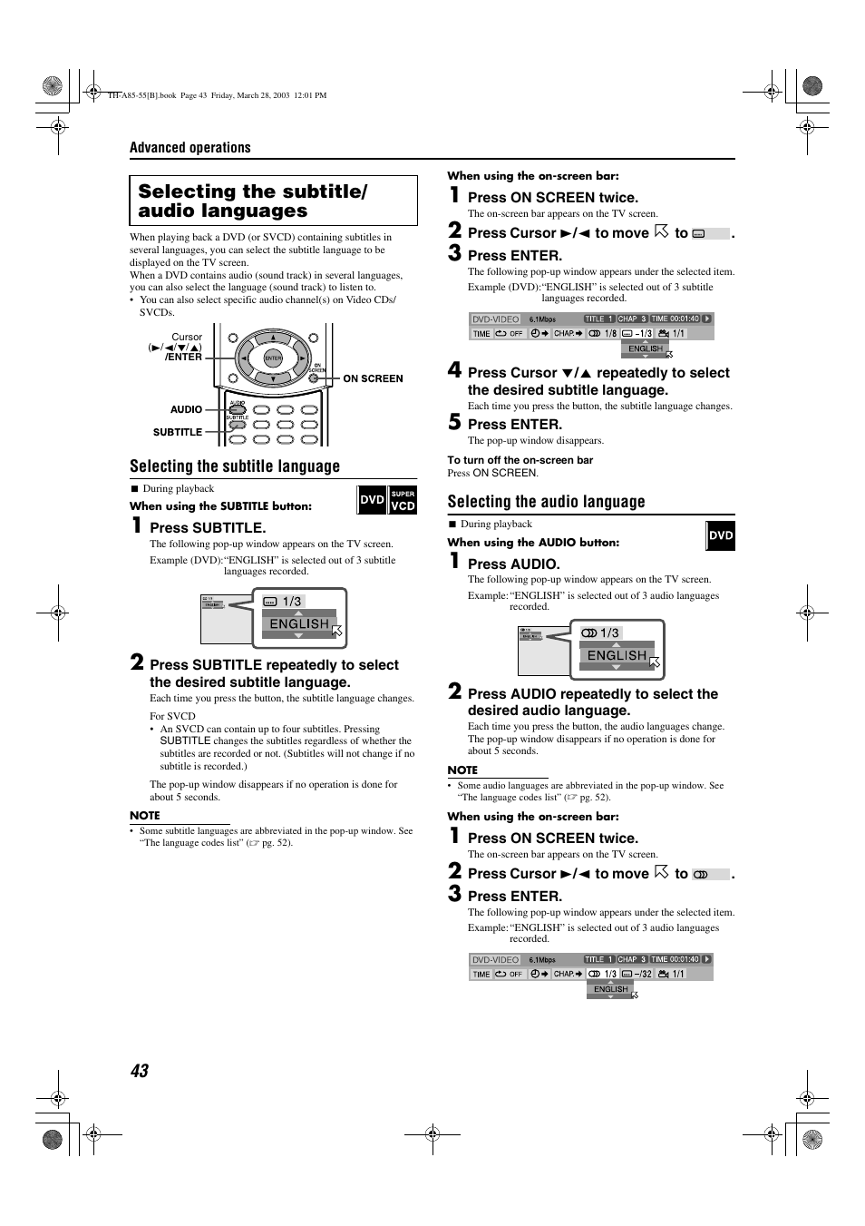 Udio), A pg. 43, 4, A pg. 43 | Annel, A pg. 43, 44), Btitle language, A pg. 43), Selecting the subtitle/ audio languages, Selecting the subtitle language, Selecting the audio language | JVC TH-A55  EN User Manual | Page 46 / 68