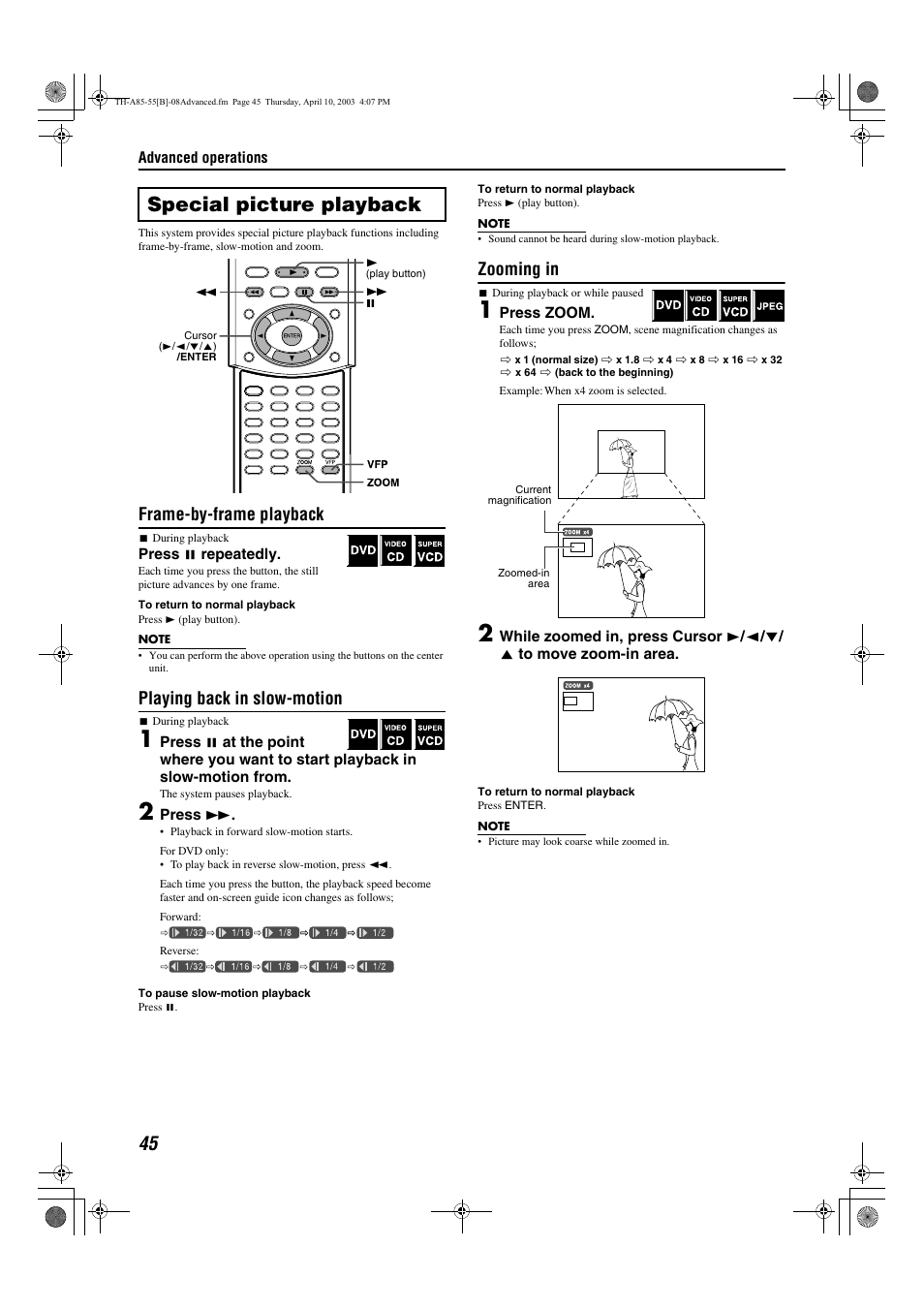 N (zoom), A pg. 45, A pg. 45) | Special picture playback, Frame-by-frame playback, Playing back in slow-motion, Zooming in | JVC TH-A55  EN User Manual | Page 48 / 68