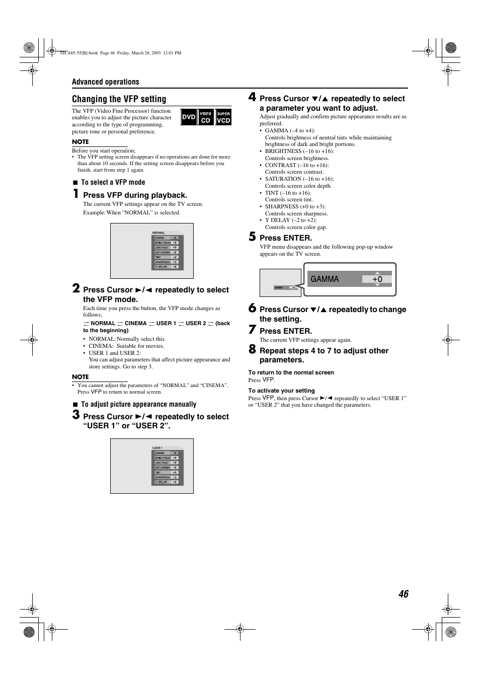 A pg. 46, Changing the vfp setting | JVC TH-A55  EN User Manual | Page 49 / 68