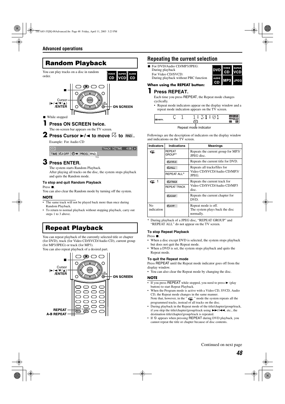 A pg. 48, A pg. 48), Random playback | Random playback repeat playback, Repeating the current selection | JVC TH-A55  EN User Manual | Page 51 / 68