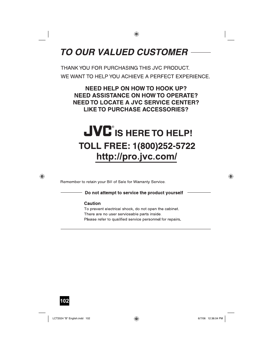 To our valued customer | JVC HD-P61R1U User Manual | Page 102 / 104