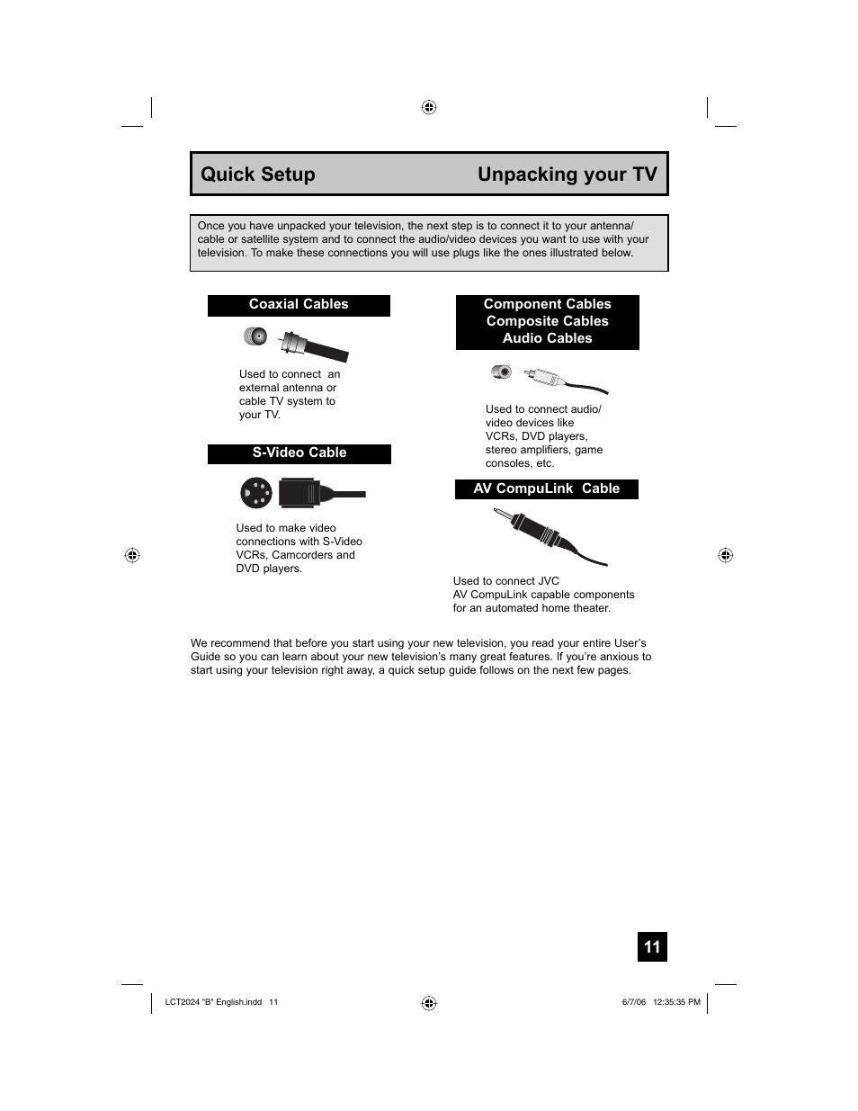 Quick setup unpacking your tv | JVC HD-P61R1U User Manual | Page 11 / 104