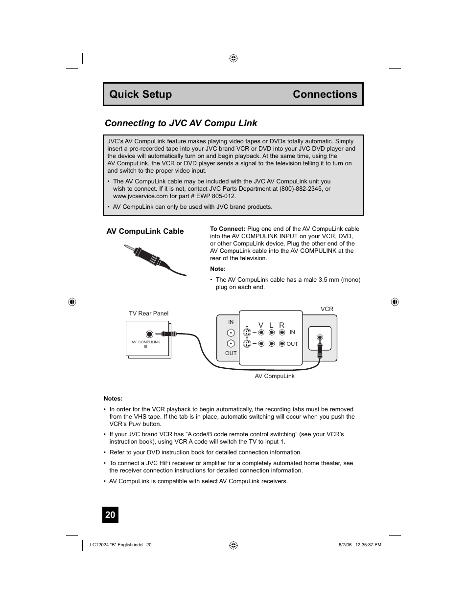 Quick setup connections, Connecting to jvc av compu link | JVC HD-P61R1U User Manual | Page 20 / 104