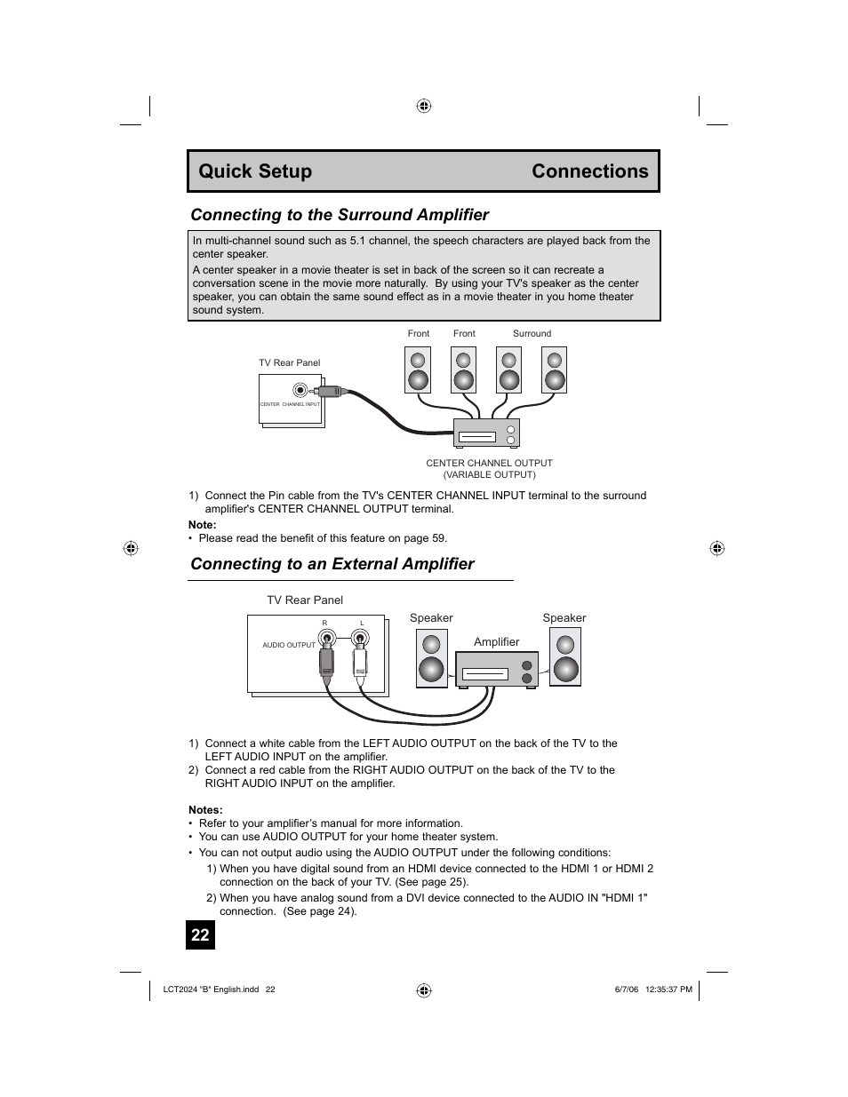 Quick setup connections, Connecting to the surround amplifier, Connecting to an external amplifier | JVC HD-P61R1U User Manual | Page 22 / 104