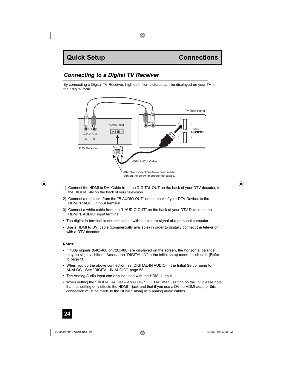 Quick setup connections, Connecting to a digital tv receiver | JVC HD-P61R1U User Manual | Page 24 / 104