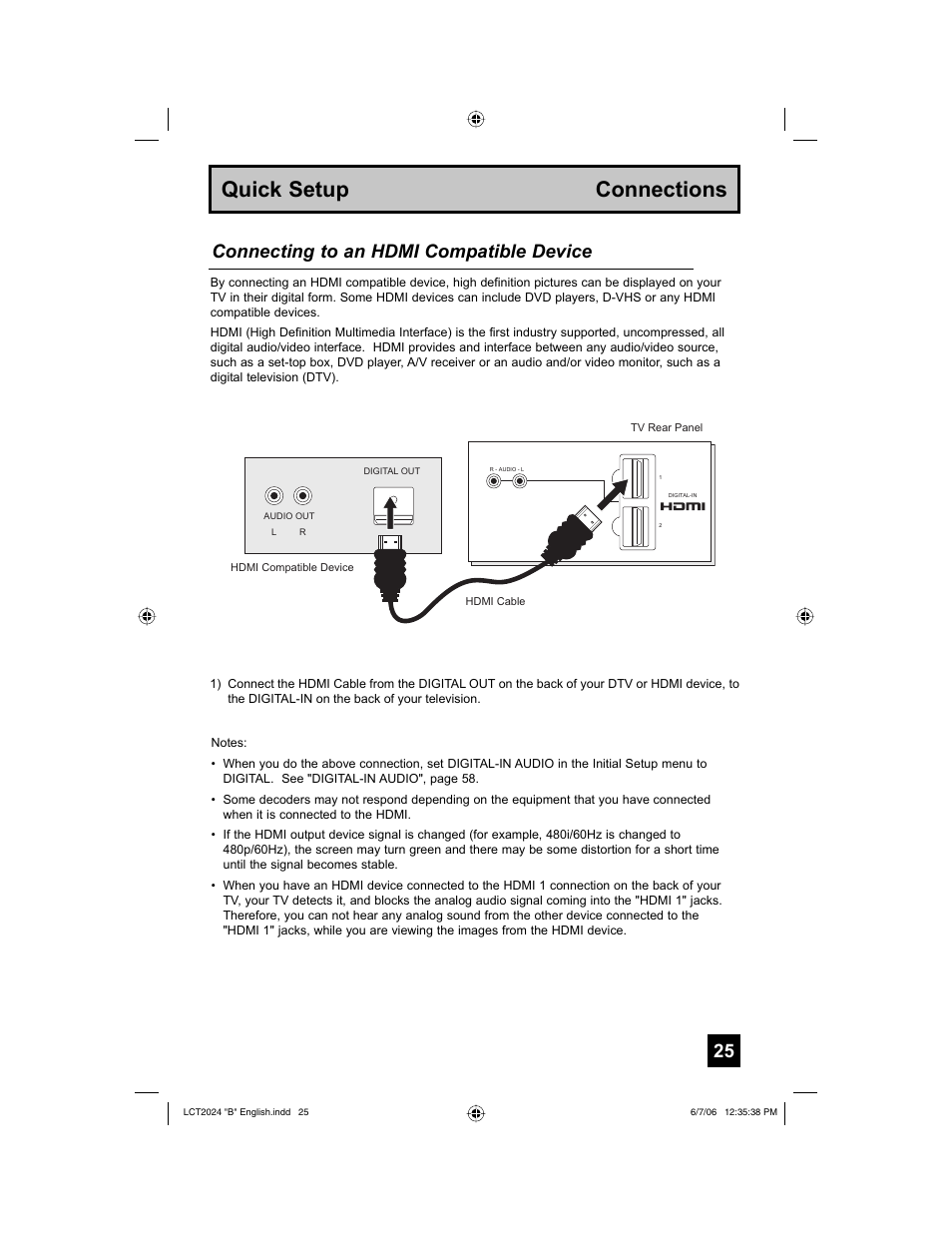 Quick setup connections, Connecting to an hdmi compatible device | JVC HD-P61R1U User Manual | Page 25 / 104