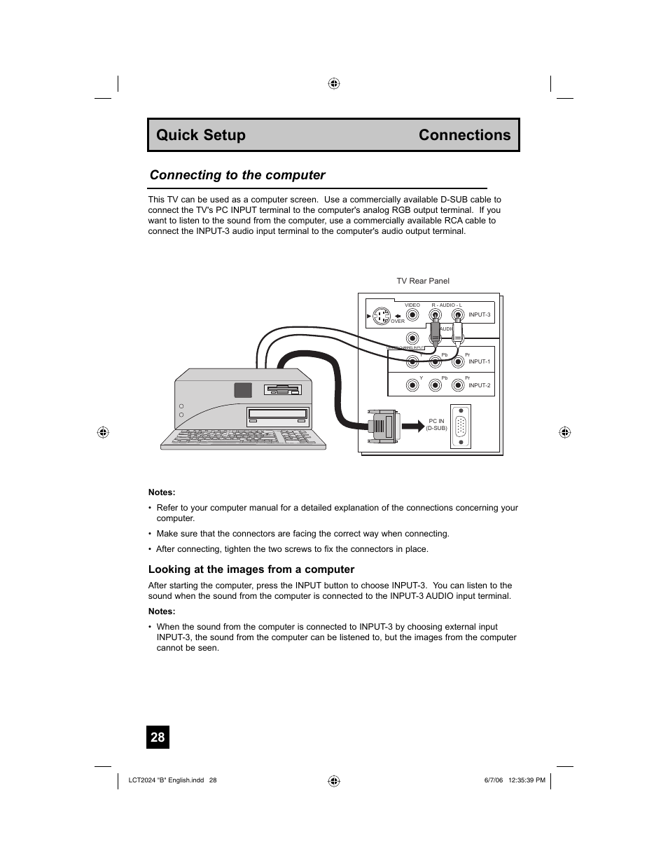 Quick setup connections, Connecting to the computer, Looking at the images from a computer | JVC HD-P61R1U User Manual | Page 28 / 104