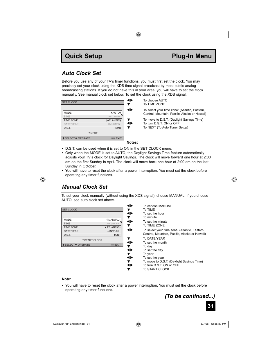 Quick setup plug-in menu, Manual clock set, Auto clock set (to be continued...) | JVC HD-P61R1U User Manual | Page 31 / 104