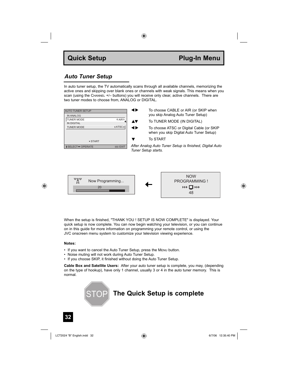 Stop, Auto tuner setup | JVC HD-P61R1U User Manual | Page 32 / 104