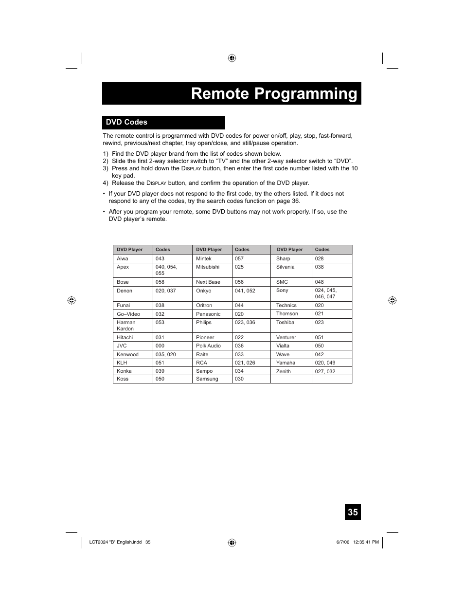 Remote programming, Dvd codes | JVC HD-P61R1U User Manual | Page 35 / 104