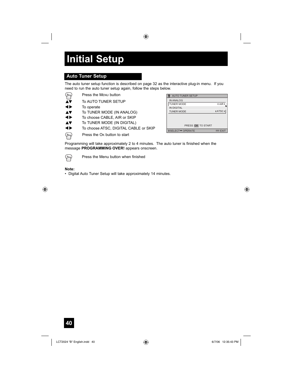 Initial setup, Auto tuner setup | JVC HD-P61R1U User Manual | Page 40 / 104