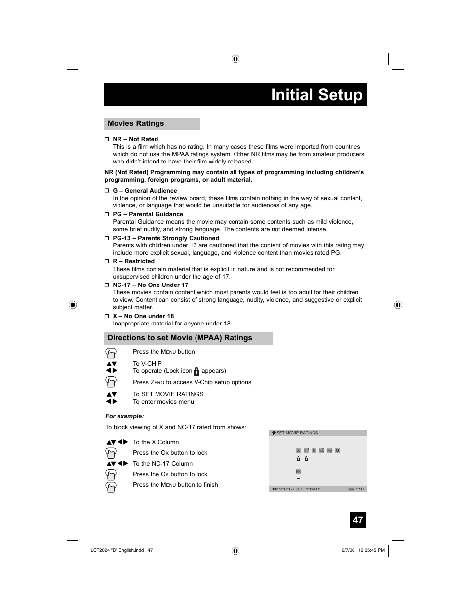 Initial setup, Movies ratings, Directions to set movie (mpaa) ratings | JVC HD-P61R1U User Manual | Page 47 / 104