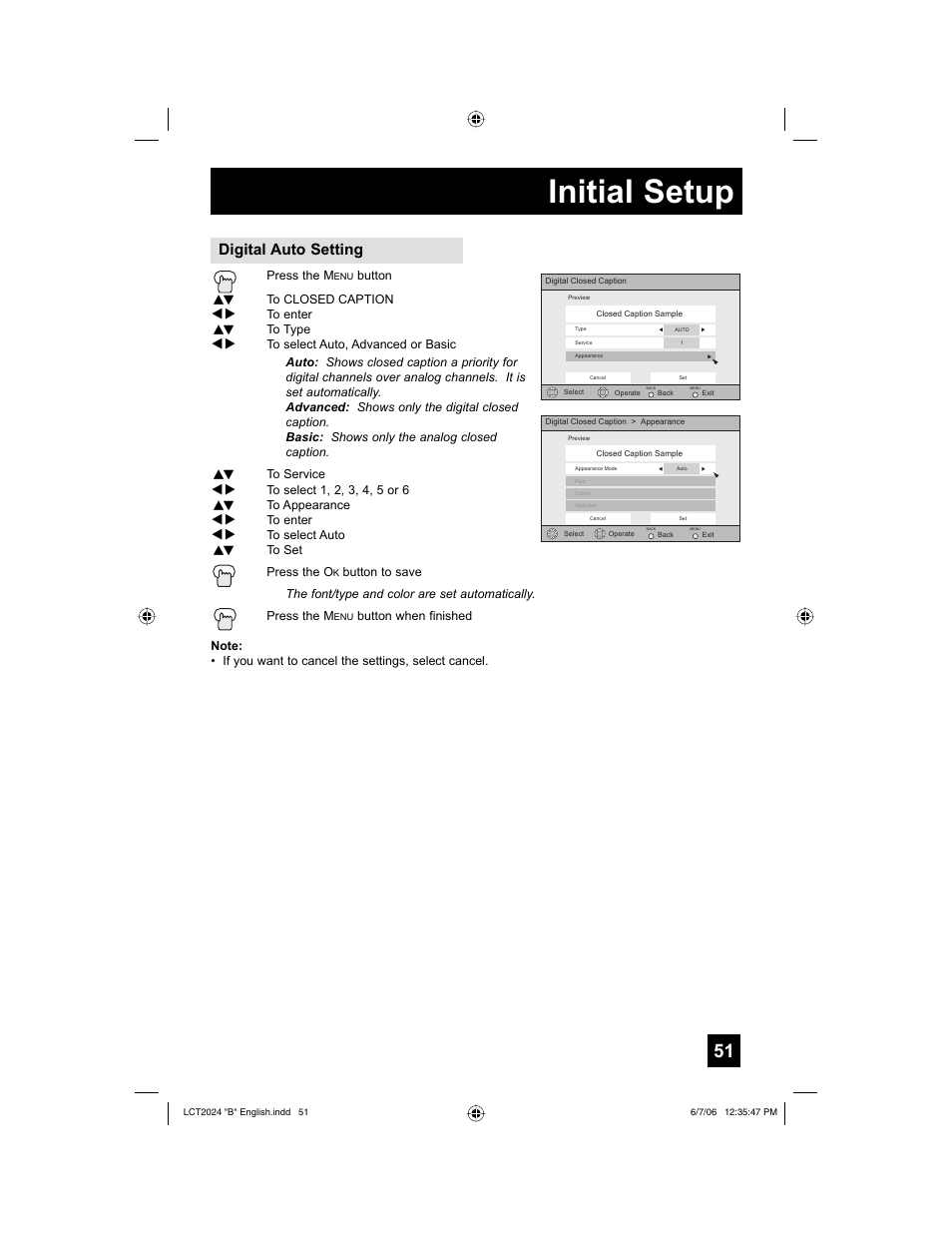 Initial setup, Digital auto setting | JVC HD-P61R1U User Manual | Page 51 / 104