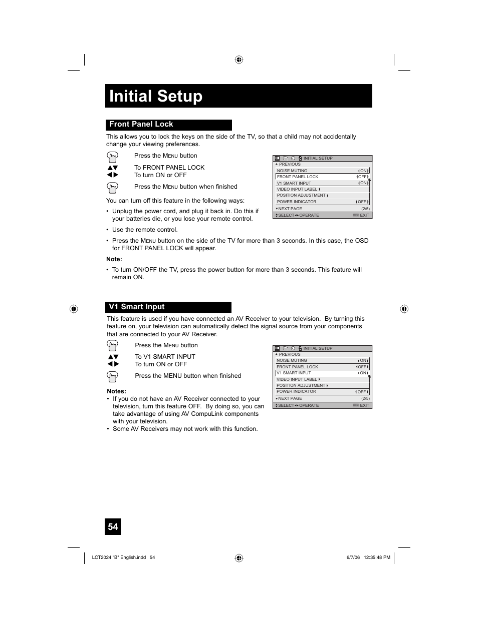 Front panel lock, V1 smart input, Initial setup | JVC HD-P61R1U User Manual | Page 54 / 104