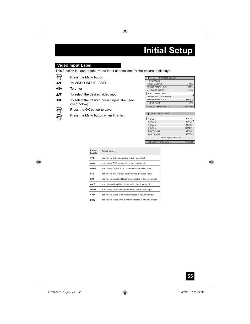 Video input label, Initial setup | JVC HD-P61R1U User Manual | Page 55 / 104