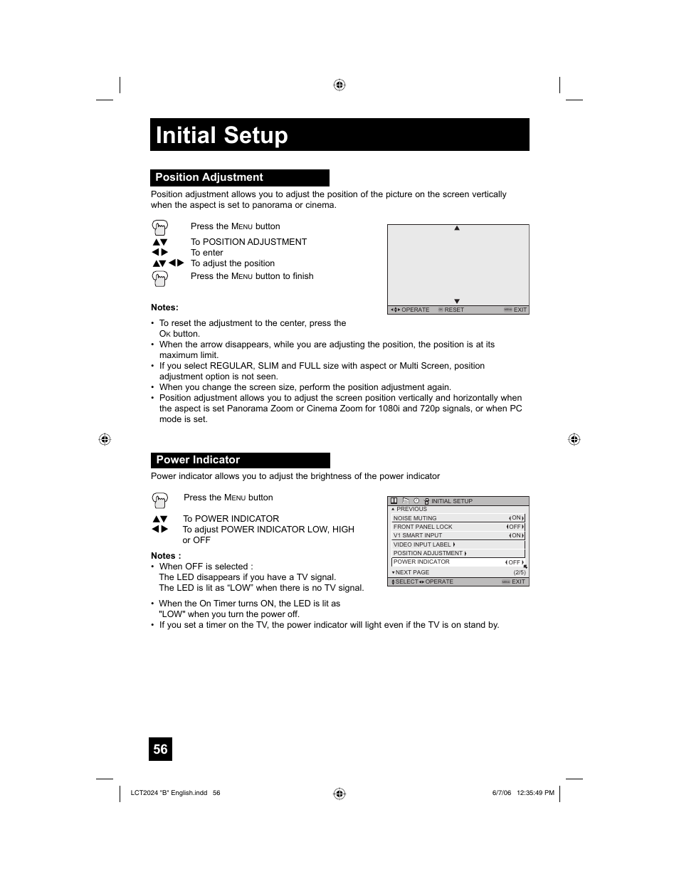 Position adjustment, Power indicator, Initial setup | JVC HD-P61R1U User Manual | Page 56 / 104