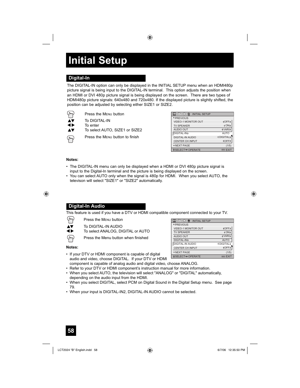 Digital-in, Digital-in audio, Initial setup | Digital-in digital-in audio | JVC HD-P61R1U User Manual | Page 58 / 104