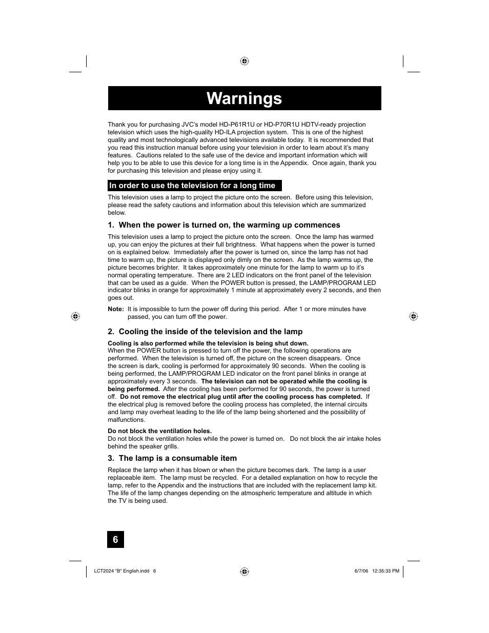 Warnings | JVC HD-P61R1U User Manual | Page 6 / 104