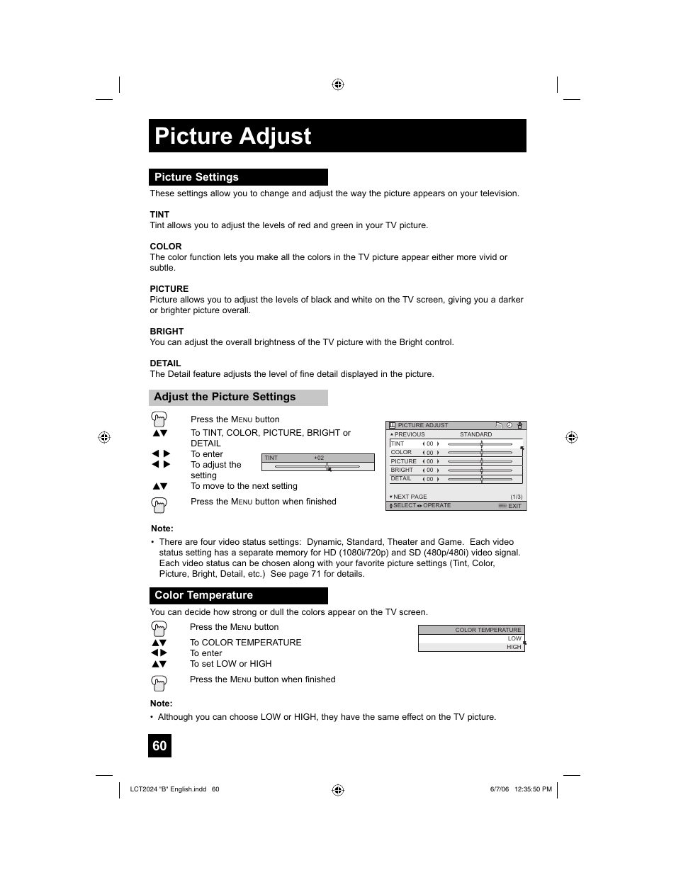 Picture adjust, Picture settings, Color temperature | JVC HD-P61R1U User Manual | Page 60 / 104