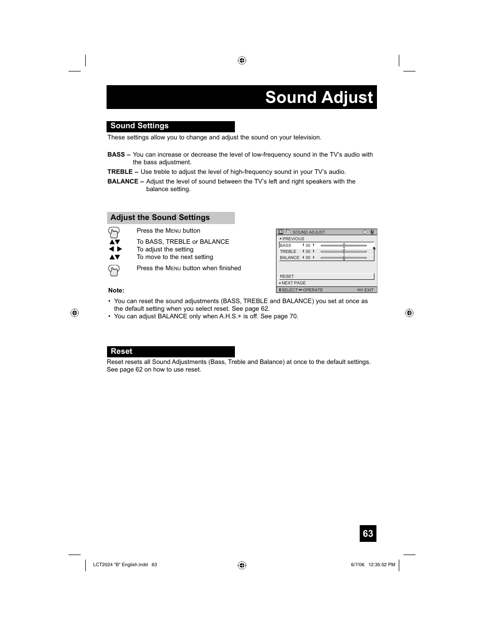 Sound adjust, Sound settings, Reset | Sound settings adjust the sound settings | JVC HD-P61R1U User Manual | Page 63 / 104