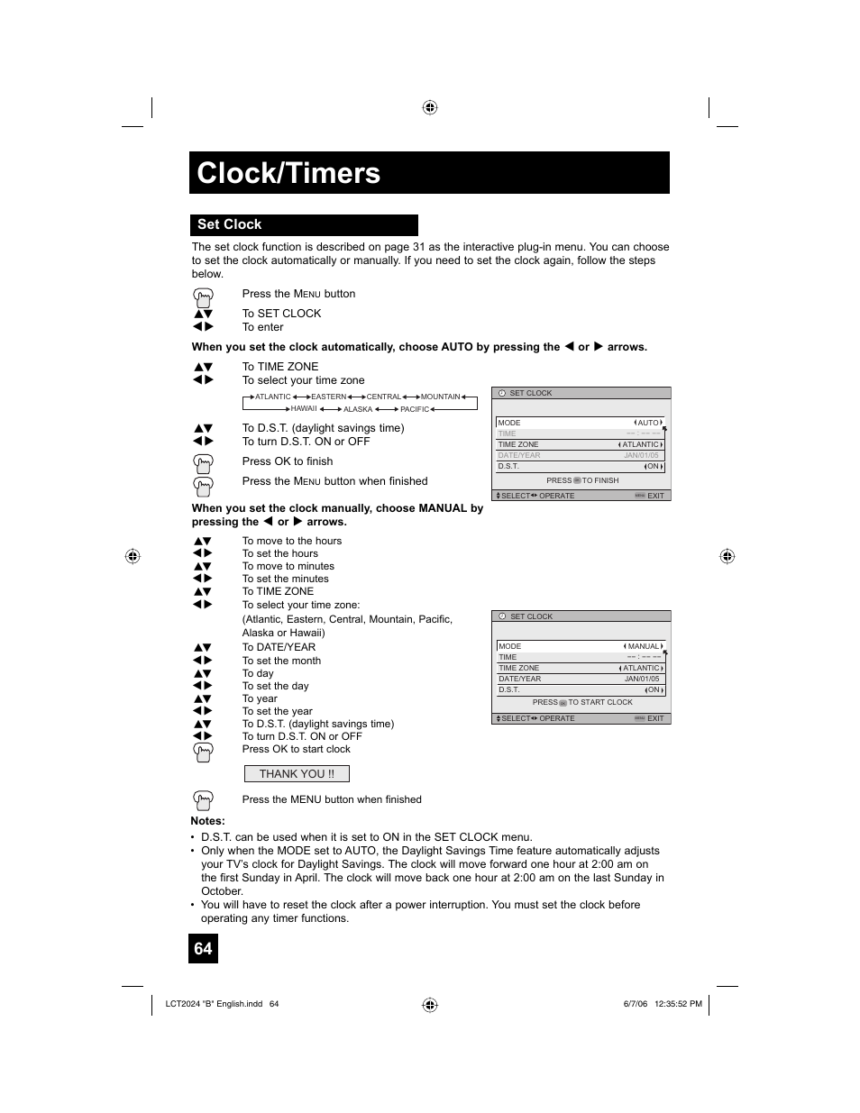Clock/timers, Set clock | JVC HD-P61R1U User Manual | Page 64 / 104