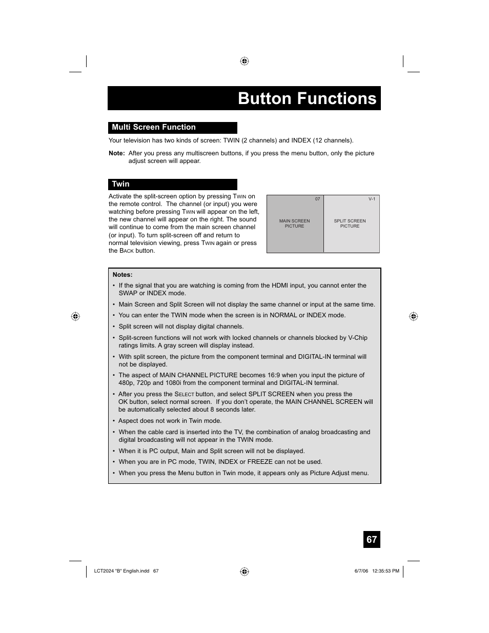 Button functions, Multi screen function, Twin | JVC HD-P61R1U User Manual | Page 67 / 104