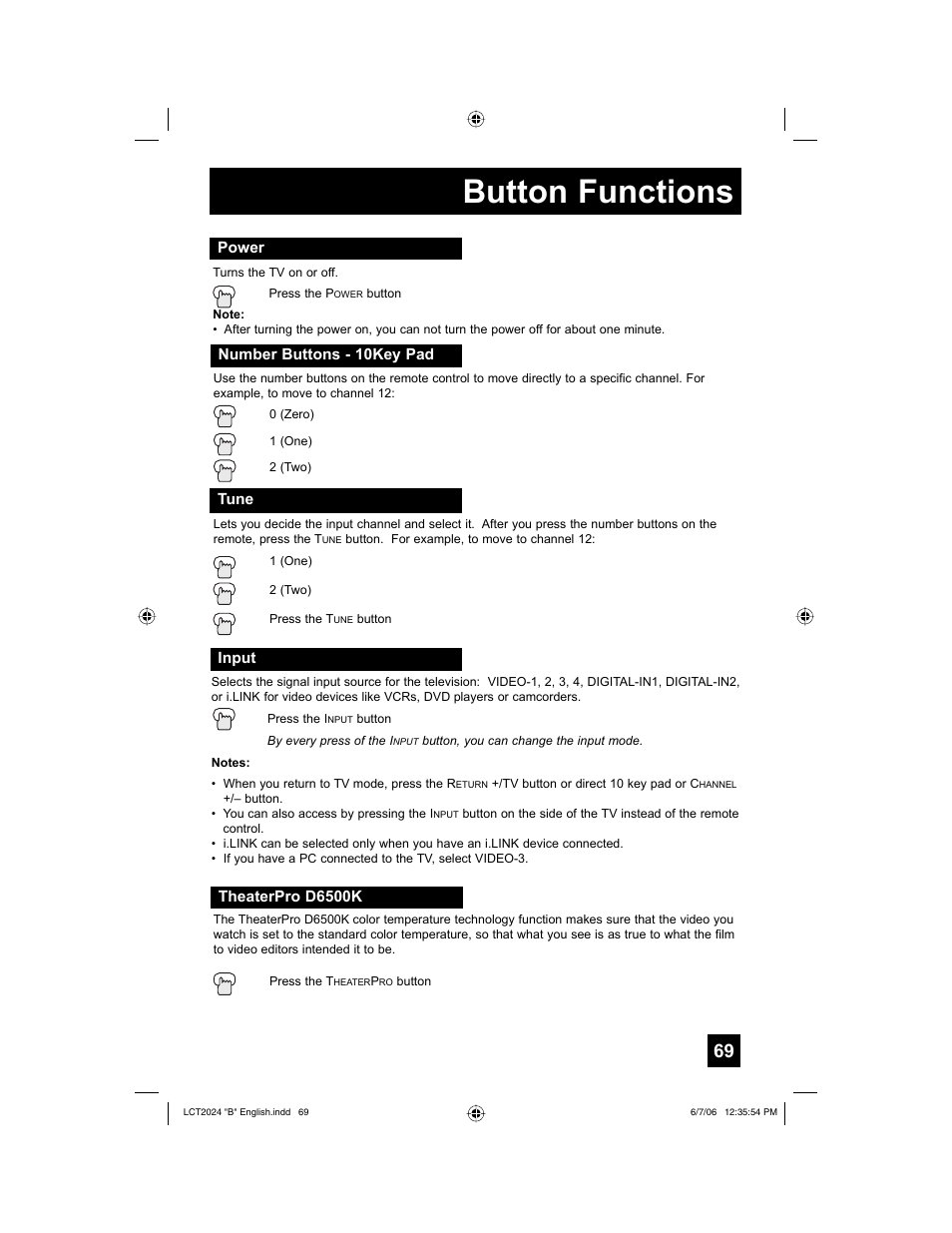 Power, Number buttons - 10key pad, Tune | Input, Theaterpro d6500k, Button functions | JVC HD-P61R1U User Manual | Page 69 / 104