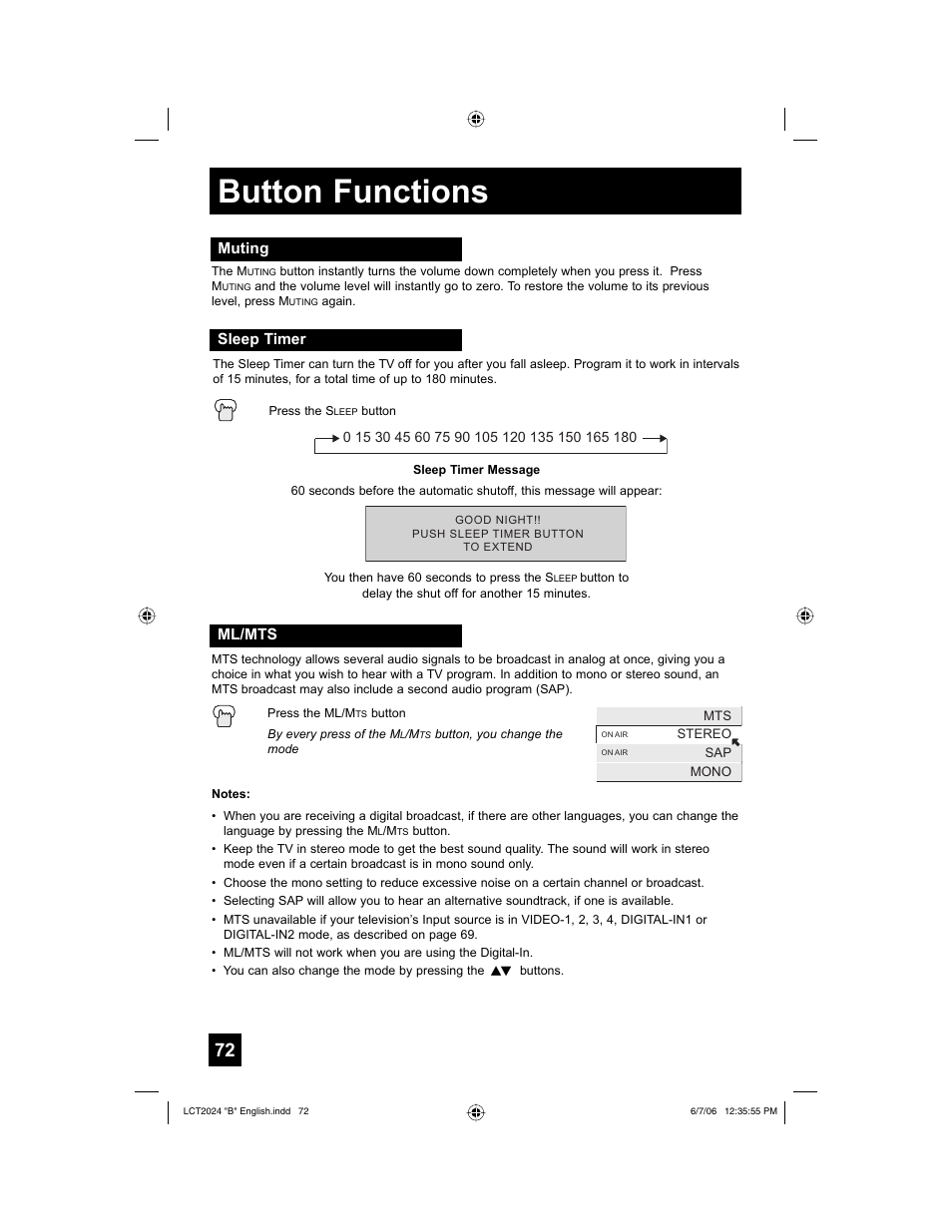 Muting, Sleep timer, Ml/mts | Button functions | JVC HD-P61R1U User Manual | Page 72 / 104