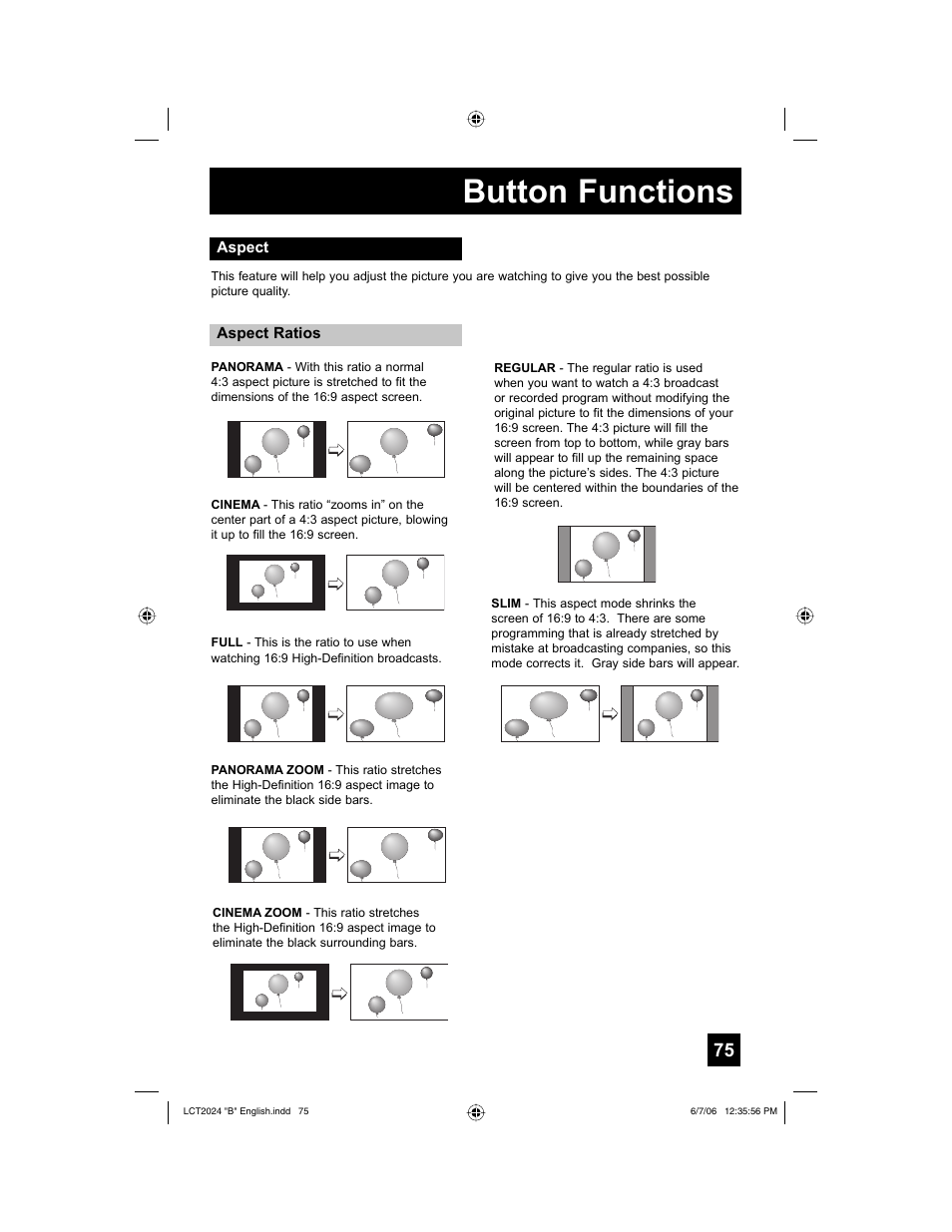 Aspect, Button functions | JVC HD-P61R1U User Manual | Page 75 / 104