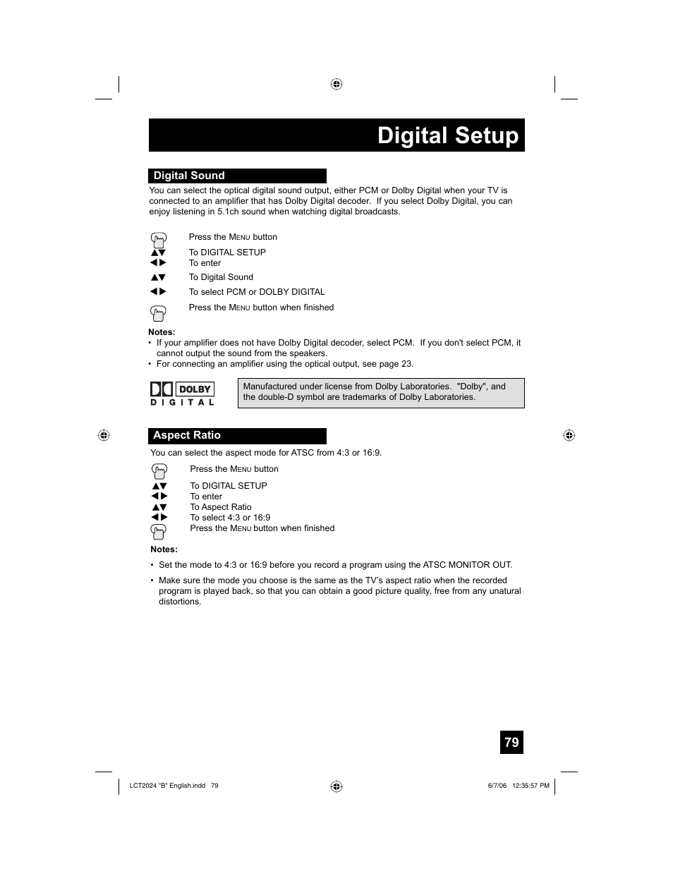 Digital sound, Aspect ratio, Digital setup | JVC HD-P61R1U User Manual | Page 79 / 104